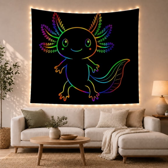 Neon Axolotl in Glowing Rainbow Outline on Black, Whimsical Fantasy for Animal Lovers, Wildlife Wall Art, Birthday Gift, Tapestry Wall Hanging for Bedroom, Living Room and Dorm
