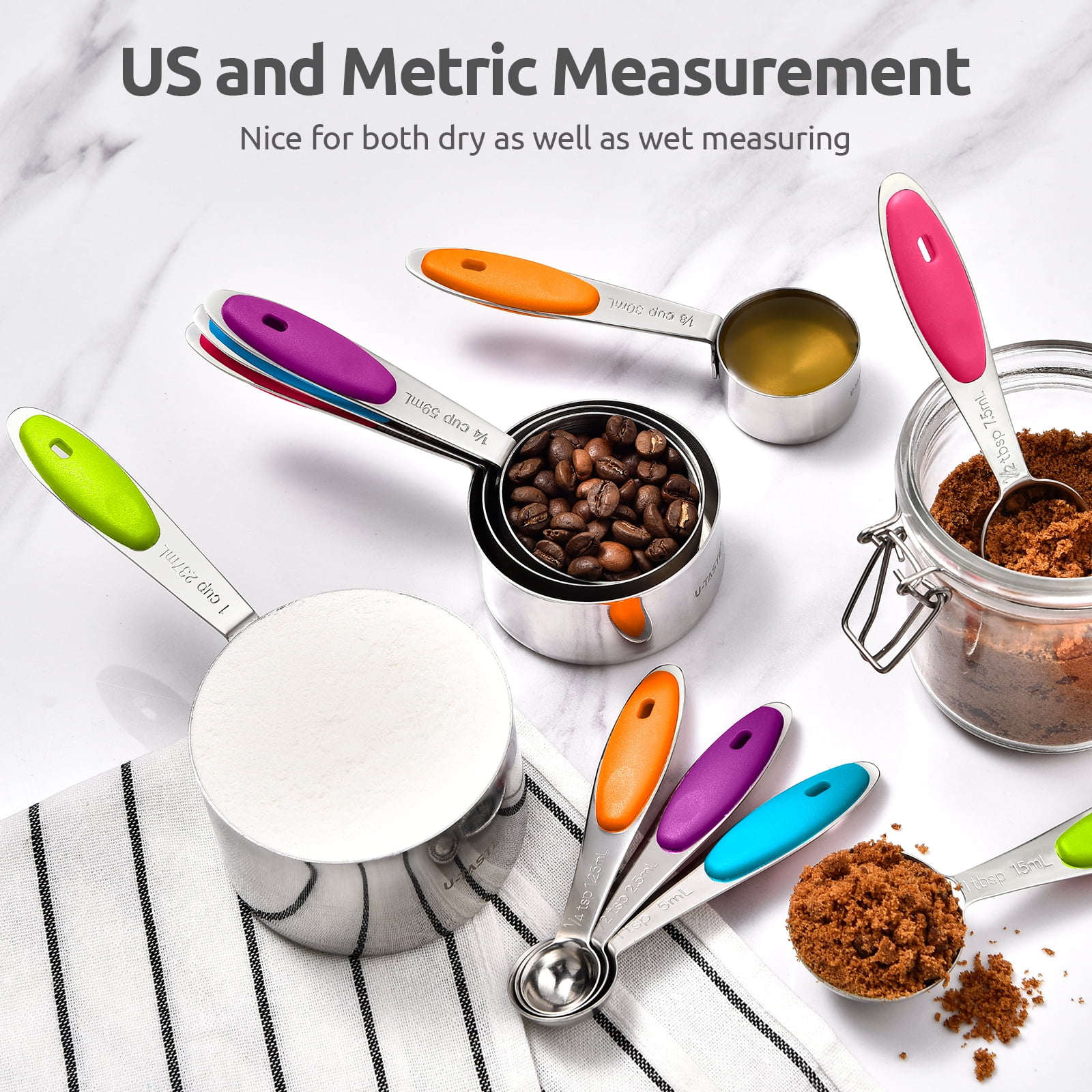 U-Taste 18/8 Stainless Steel Measuring Cups and Spoons Set: 12-Pcs Metal Stacking Measure Set for Baking Cooking with Strengthened Welds (Multicolor)