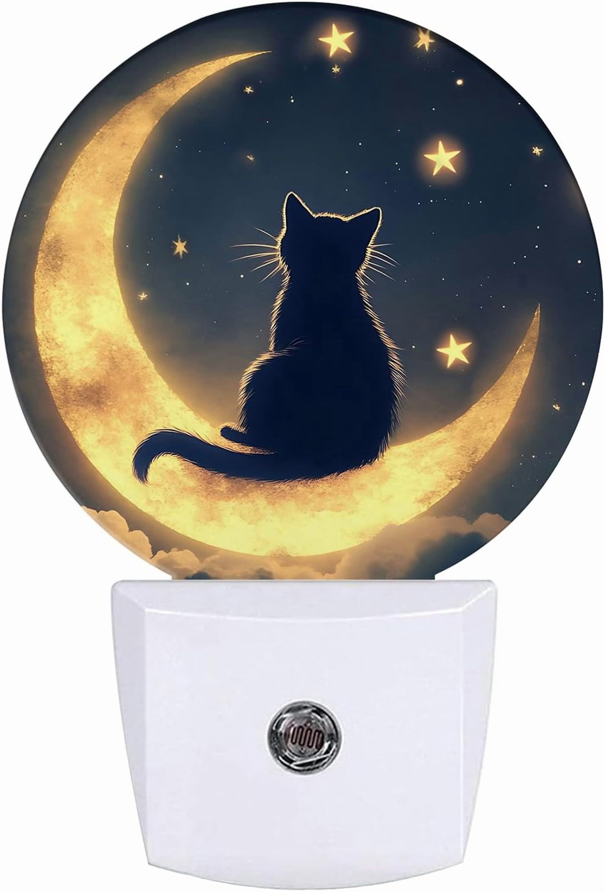RGHJAR-Cat Moon Night Light Starry Sky Night Lights LED Lamp Round Plug into Wall Nightlight with Dusk to Dawn Sensor Home Hallway Stairway Kitchen Decor