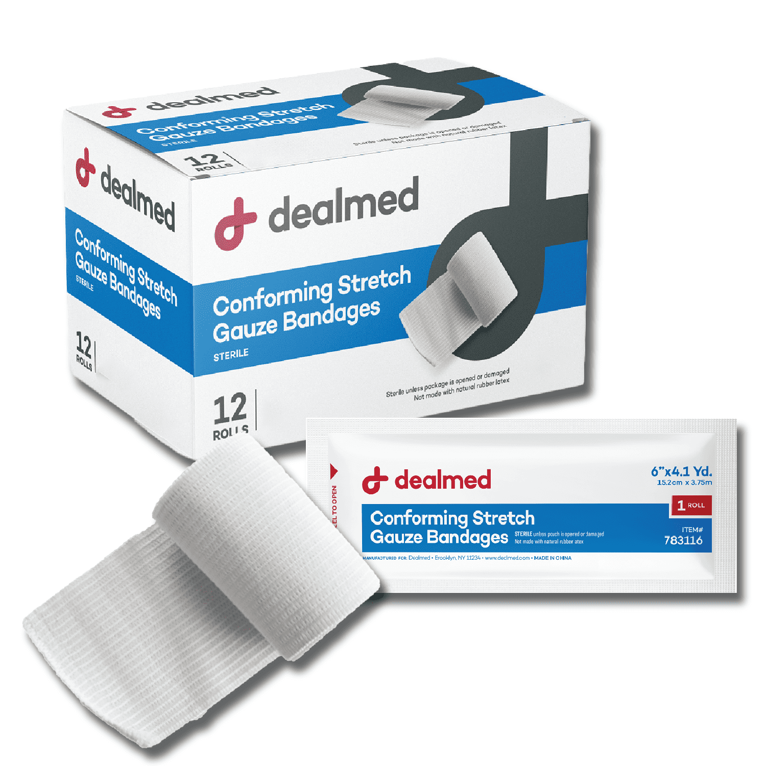 Dealmed 2" Sterile Conforming Stretch Gauze Bandages, 4.1 Yards Stretched Gauze Rolls, Wound Care Product, Case of 96