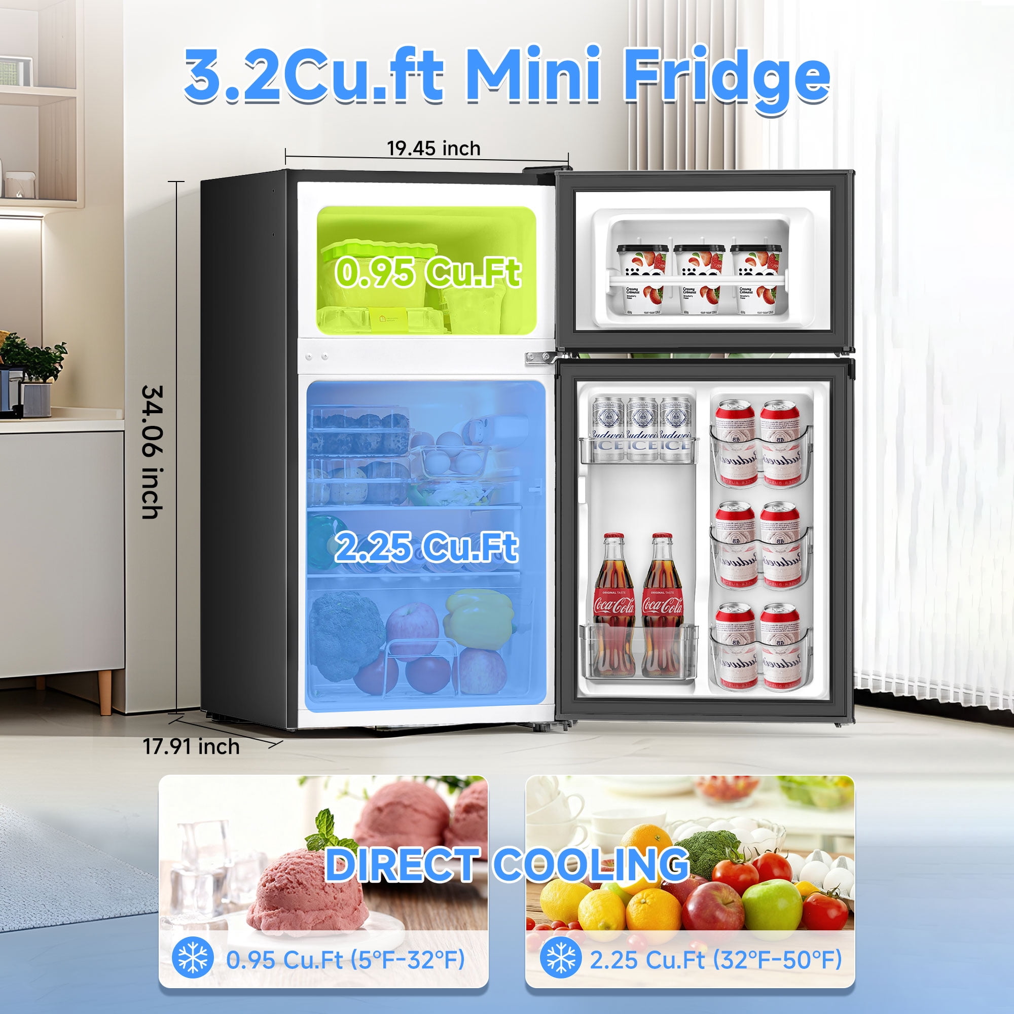 Aootek 3.2 Cu.ft Two Door Mini Fridge with Freezer Energy-Saving Compact Refrigerator Suitable for Bedroom,Apartment,Kitchens, Offices, Dormitories Black