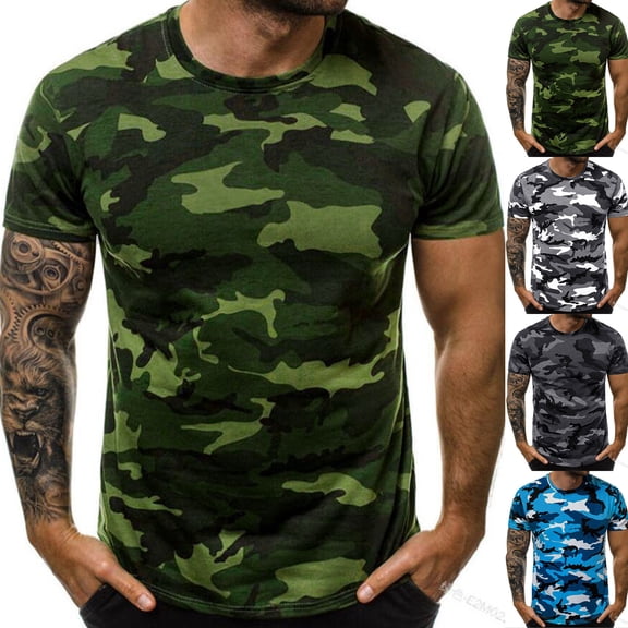 Mens Camouflage Crew Neck Short Sleeve T Shirts Soft Imitation Cotton Spandex Polyester Outdoor Fashion Tees Gray XL