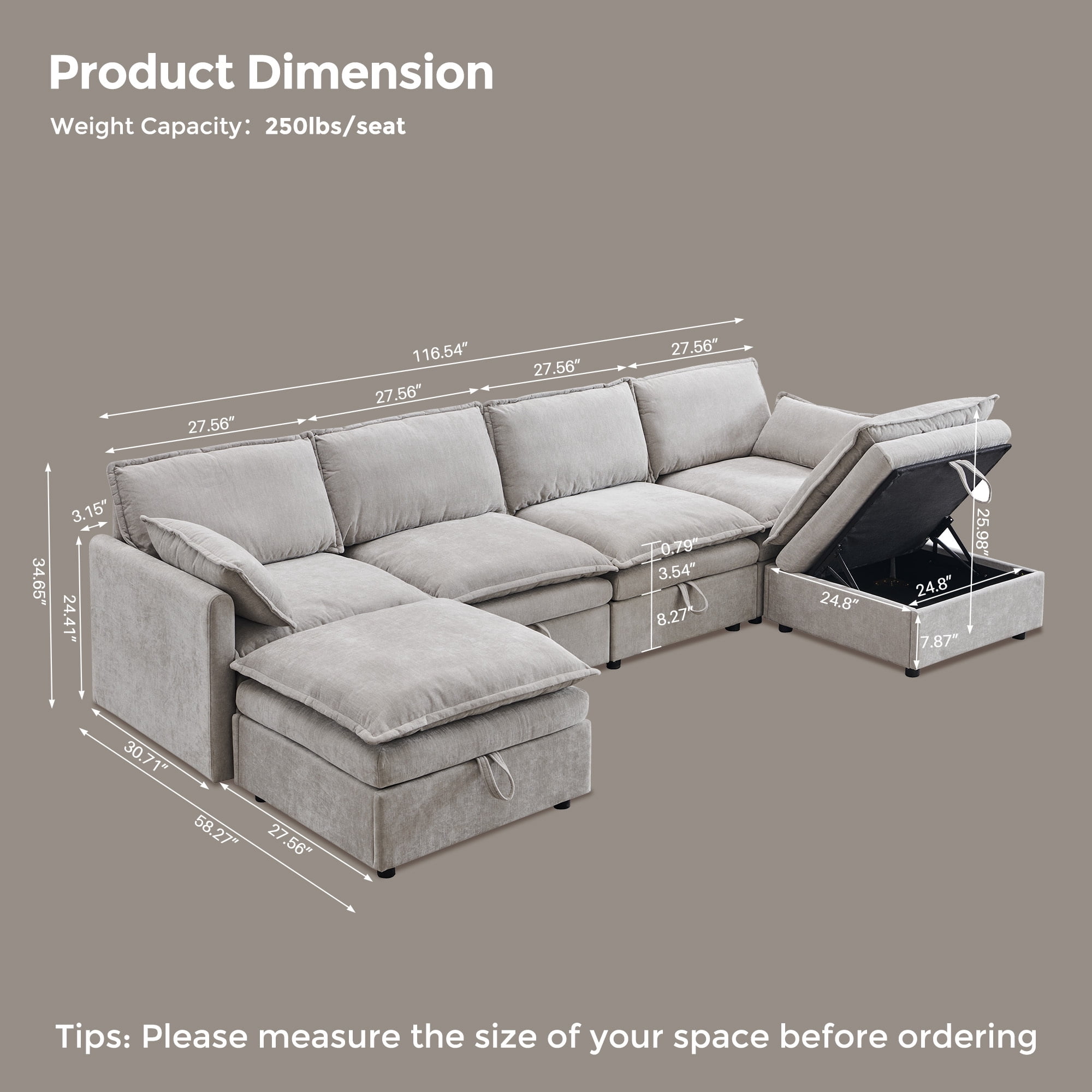 wow97e Modern Sectional Couch Set for Living Room, U-Shaped Cloud Sofa Couch with Large Storage, Chenille Fabric, 4 Seat Couch with 2 Movable Ottomans
