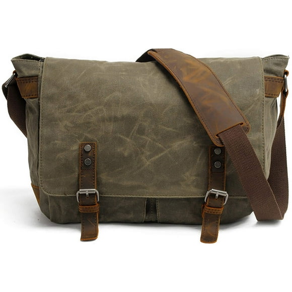 Men's Waxed Canvas Messenger Bag Shoulder Crossbody Laptop School Bag Satchel HuaChen (M49_Army Green)