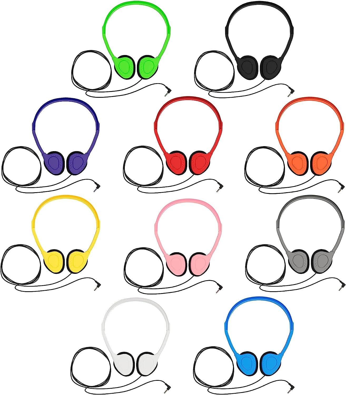 10 Pack Multi Color Kid's Wired On Ear Headphones, Individually Bagged, Disposable Headphones Ideal for Students in Classroom Libraries Schools, Bulk Wholesale