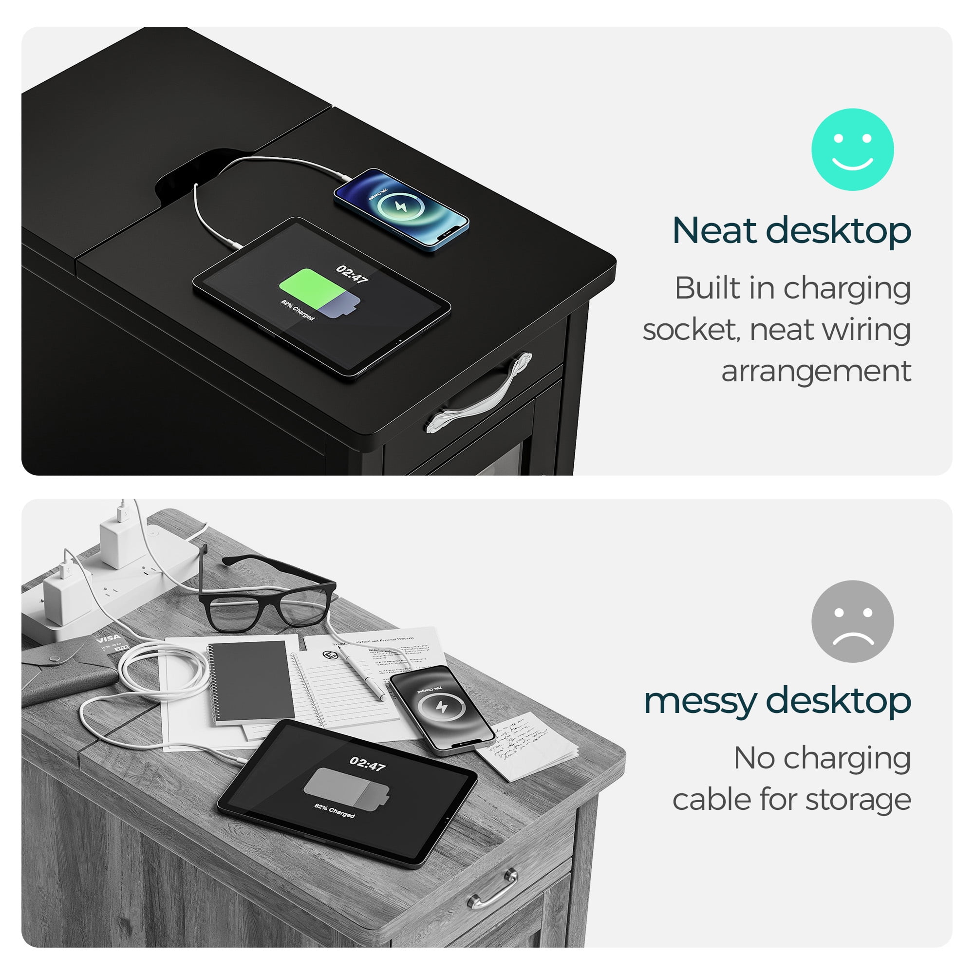 Linsy Home Farmhouse Nightstands for Bedroom Set of 2, End Tables with Usb Ports and Outlets, Black