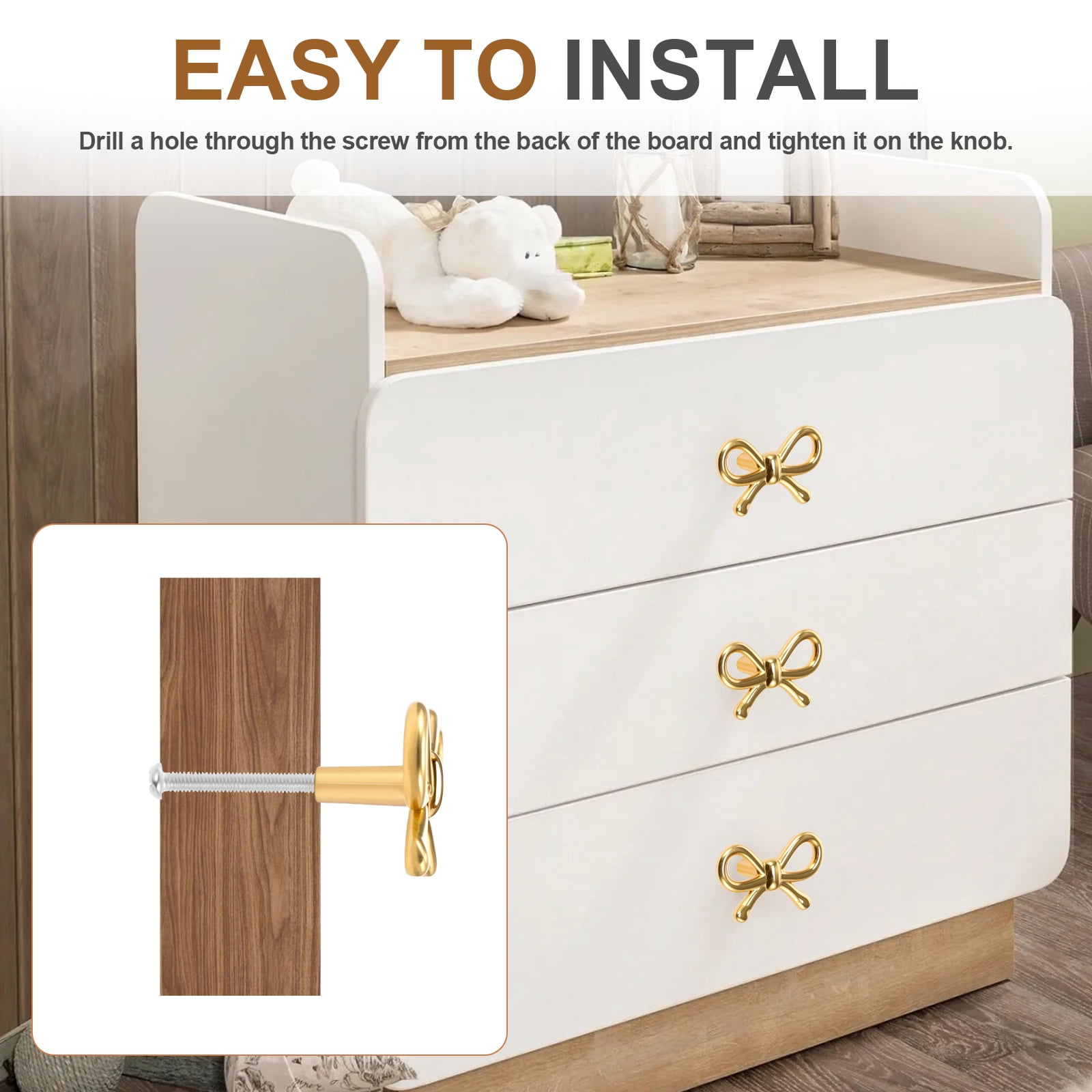 2/4/6 Pcs Bow Shape Drawer Knobs Gold Brass Cabinet Pulls with Screws Decorative Cupboard Handles for Dresser Wardrobe Drawer Cabinet