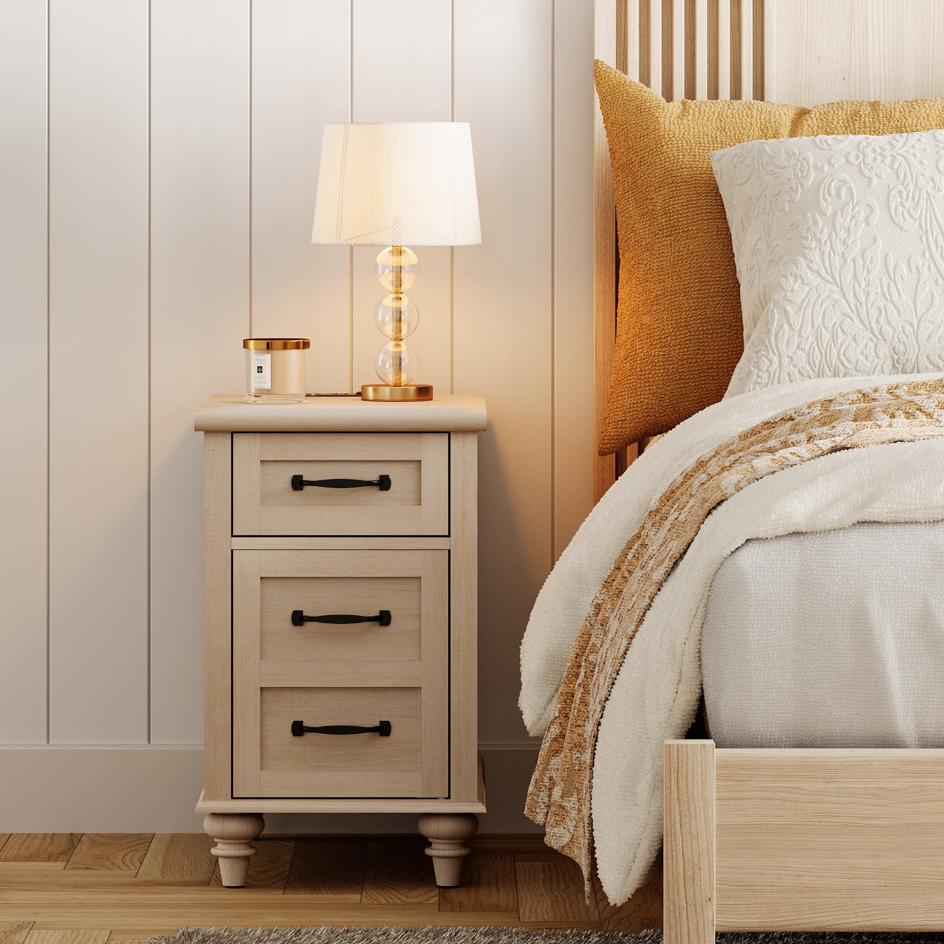Beige End Tables with Charging Station, Tall Nightstand with Storage Cabinet & Drawer, Wooden Side Table for Bedroom, Living Room