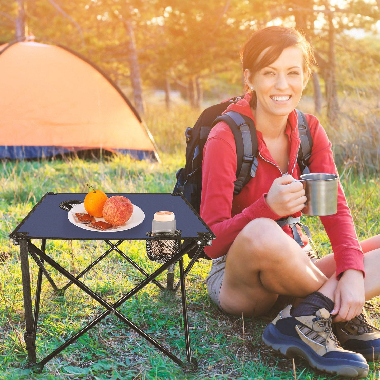 Foldable Camping Table Portable Picnic Table Lightweight Travel Desk with 2 Cup Holders Carrying Bag