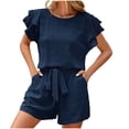 thumbnail image 2 of HOZADOIE Womens Lounge Set Novel Spring Summer Solid Color Crew Neck Casual Short Sleeves Cropped Ruffled Top Relaxed Drawstring Shorts with Pockets Matching Two Piece Set, 2 of 9