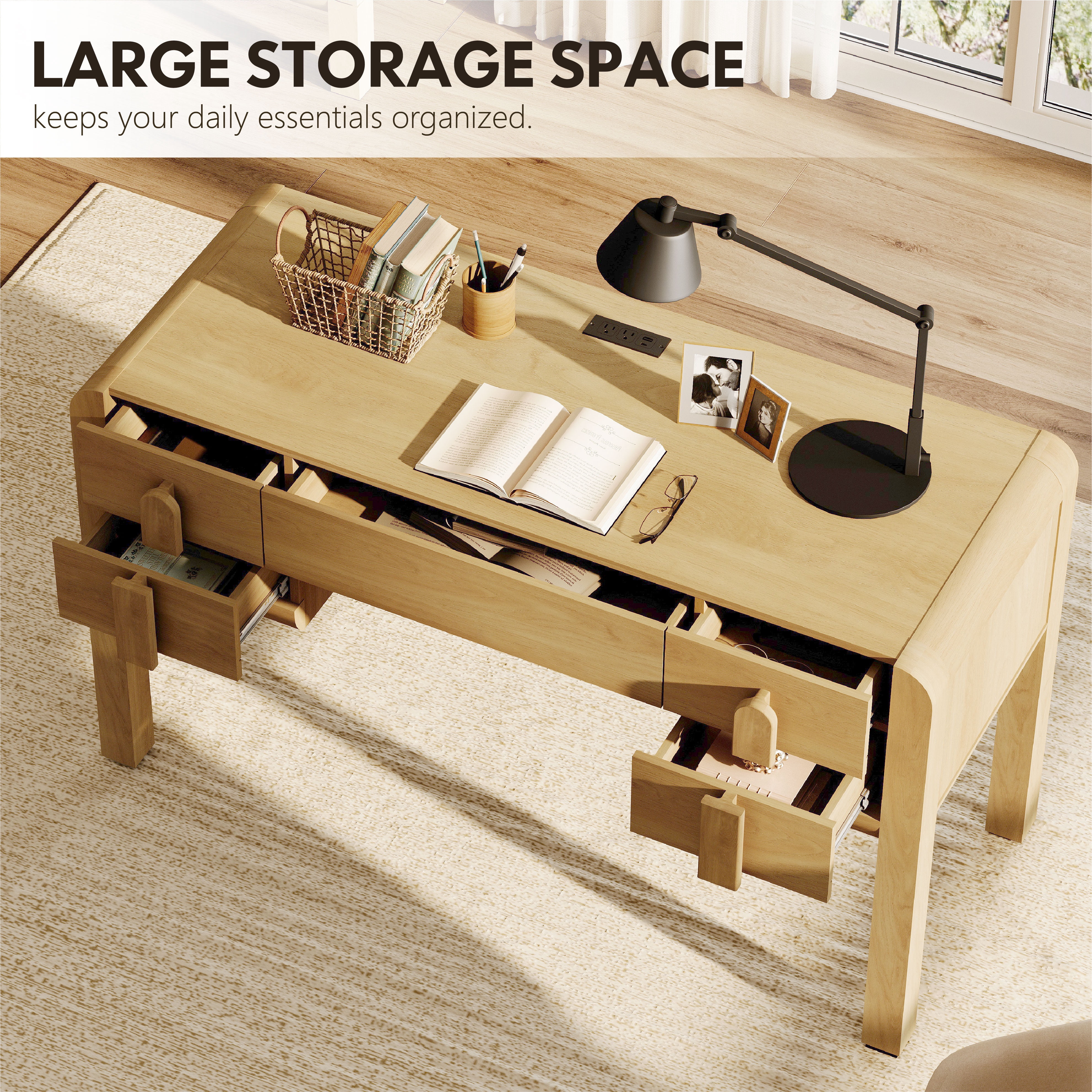 Home Office Set, 53.5" Modern Executive Desk with Charging Station and Drawers & 2 Piece 71"H Tall 3-Tier Arched Bookcases with Open Storage for Living Room, Bedroom, Home Office