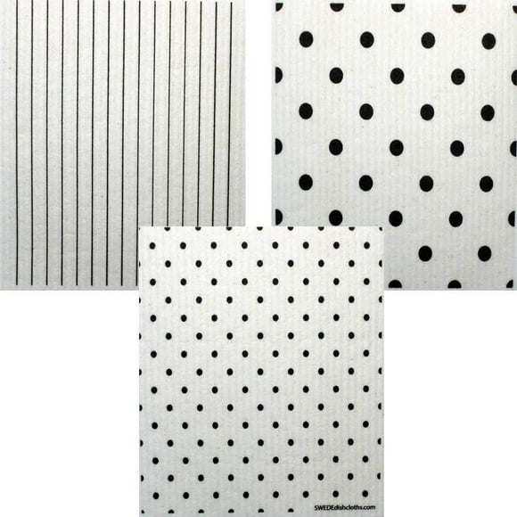 Ensemble de 3 Linges à Motifs N&B Assortis (un de Chaque Design) Lavettes Suédoises / Chiffon de Nettoyage Absorbant Écologique / Lingettes de Nettoyage Réutilisables