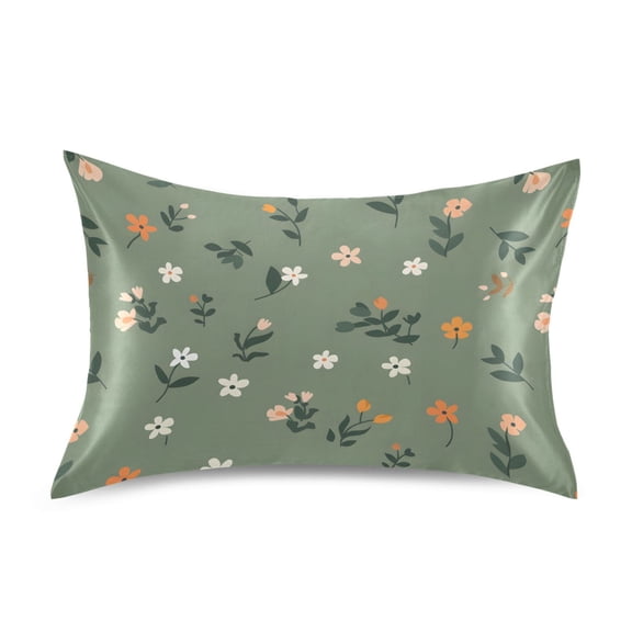 Satin Pillow Case Standard Silk Pillow Cover for Hair and Skin Envelope Closure Cute Small Flowers and Leaves 20"x26"