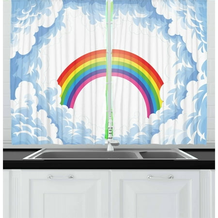 Cartoon Curtains 2 Panels Set Rainbow Above Fluffy Cute Romantic