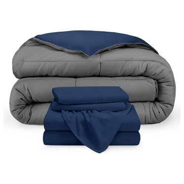 DyGTyX Reversible Bed-in-A-Bag 5 Piece Comforter & Sheet Set - Full Extra Long - Down Alternative - Soft - Bedding Set (Full XL, Dark Blue/Grey, Dark Blue)