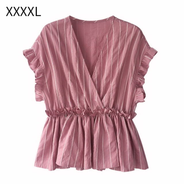 Camisa de mujer Cuello en V Manga corta Blusa de rayas con volantes Top casual, Rosa, 4XL Vogacara AP001462-18
