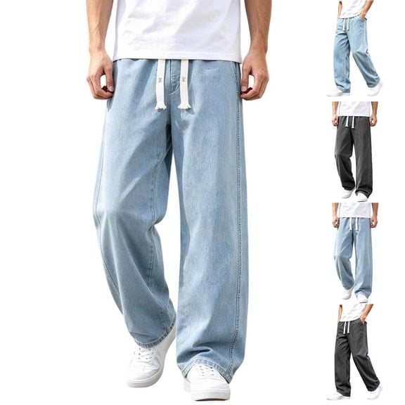 Bxsruta Men's Drawstring Jeans Baggy Denim Pants Wide Leg Loose Fit Casual Streetwear