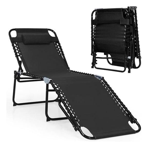 Folding Chaise Lounge Chair, Foldable Pool Lounger with 4-Position Adjustable Backrest, 2-Position Footrest & Soft Pillow, Patio Tanning Chair for Beach, Poolside (1, Black)