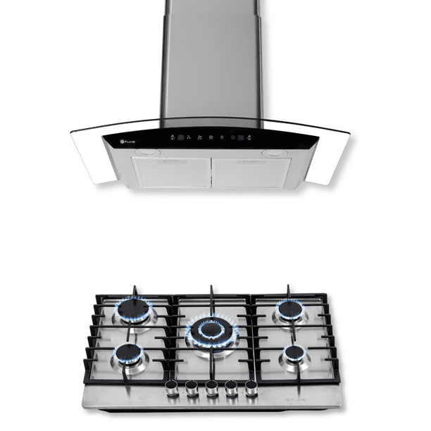 FLINE | Combo parrilla de gas y Campana Acero Inoxidable | 76 cm| 5 quemadores| Cristal curvo | Controles Touch | MA5TR76