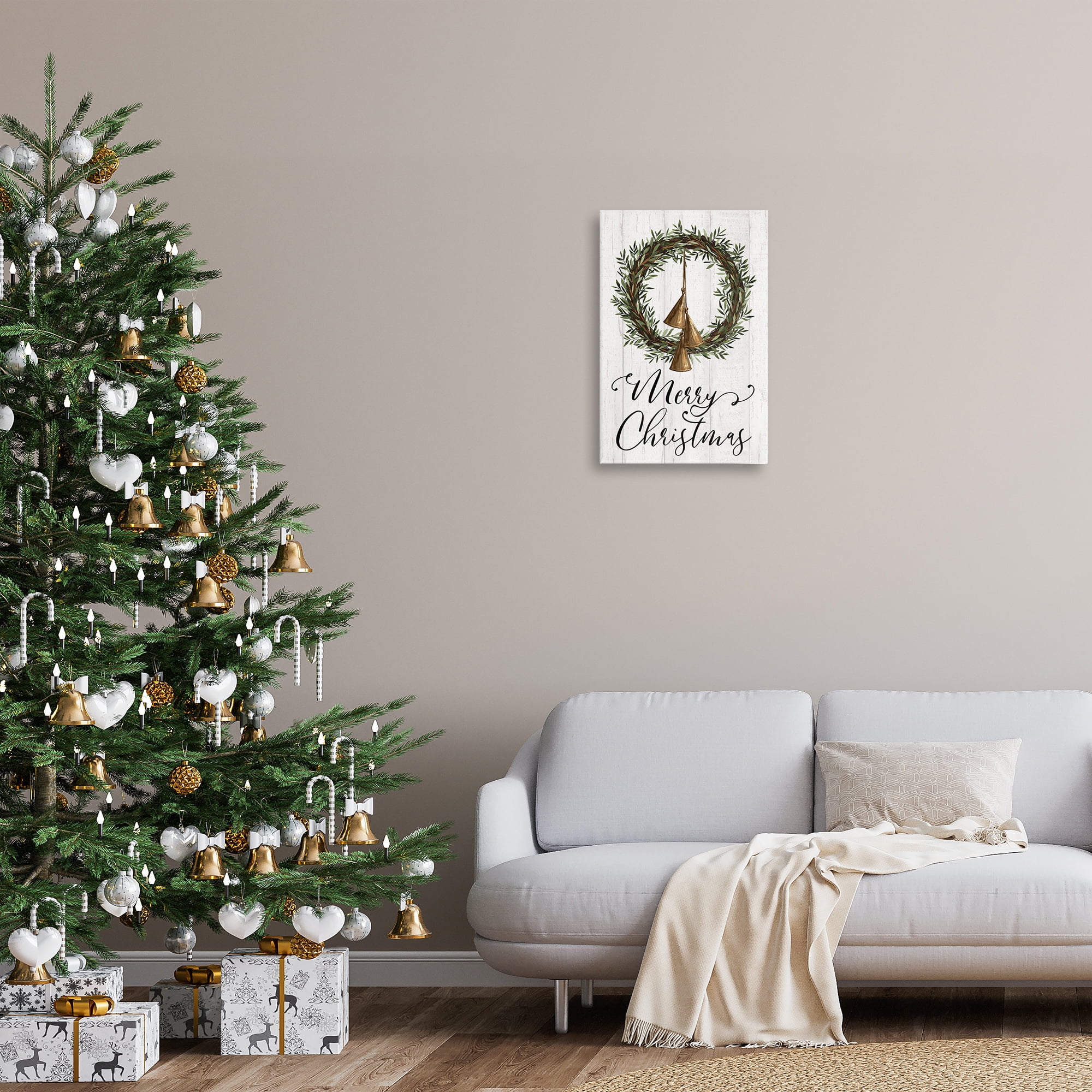 Stupell Industries Christmas Wreath & Bells Holiday Painting Gallery Wrapped Canvas Art Prints Wall Art, 16 x 24