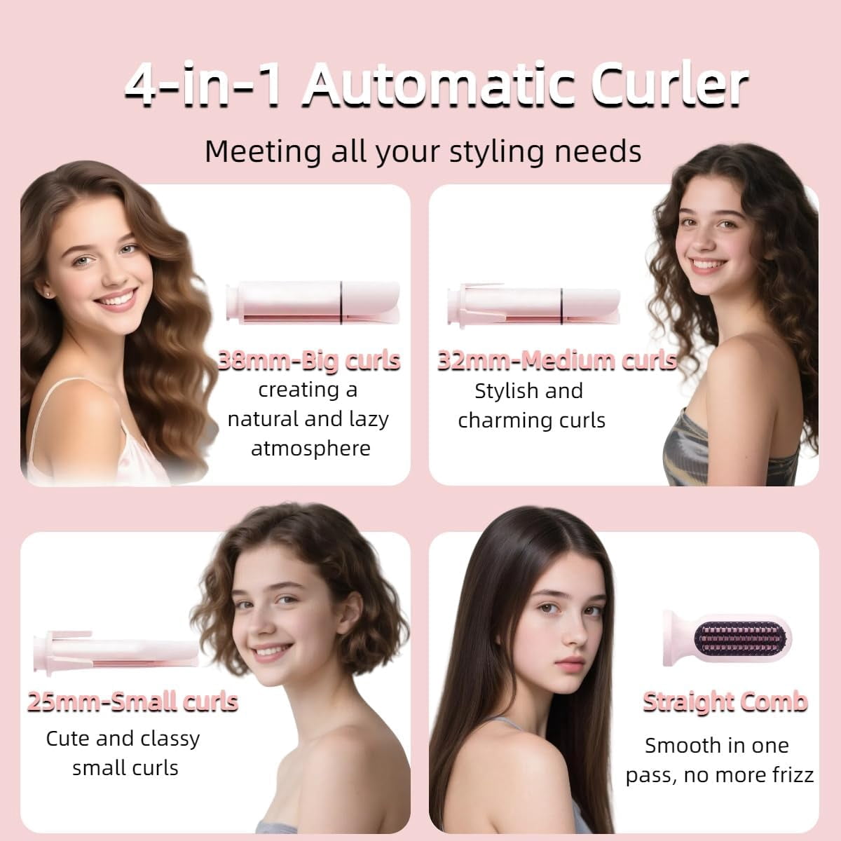CNV Auto-Rotating Curling Iron with 3 Barrels & Straightener Comb, Anti-Scald, 3 Temp Settings, Travel-Friendly Pink