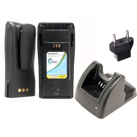2x Pack - Motorola EP450 Battery + Charger with EU Adapter - Replacement for Motorola NNTN4851A Two-Way Radio Battery and Charger (1000mAh, 7.5V, NI-CD)