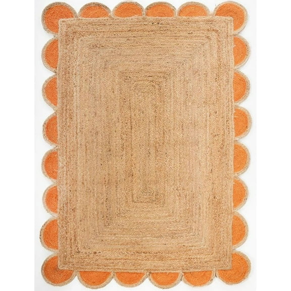 Beautiful Indian Handmade Natural Jute Scalloped rug, Orange Border Floor Décor Carpet , Home Décor Rugs & carpet Size , 4 x 9 Feet ( 120 cm x 270 cm )Rectangle