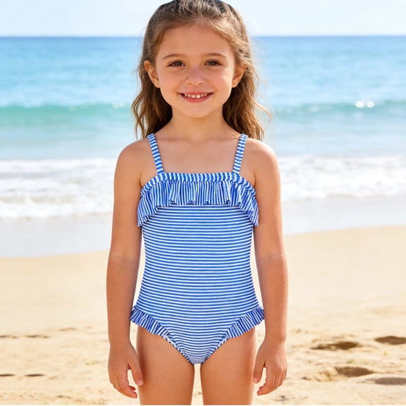 ITSAME Girls One-Piece Swimwear, Quick-Dry Striped Print Ruffle Summer Fashion Seaside Swimsuit Blue 4T