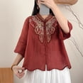 thumbnail image 5 of Olyvenn Women's Summer Linen Blend Embroidered Stand Collar Shirt, 3/4 Sleeve Loose Breathable Daily Blouse Red XXL, 5 of 7