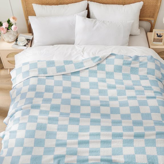 Cozy Bed Blanket Plush Fuzzy Soft Blanket Queen Size Luxury Bed Blanket 90x90 Inches Checkered Blue