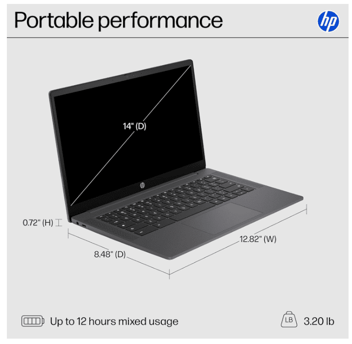 HP, Chromebook 14 inch Laptop, N100, HD Display, 8 GB RAM, 128 GB
