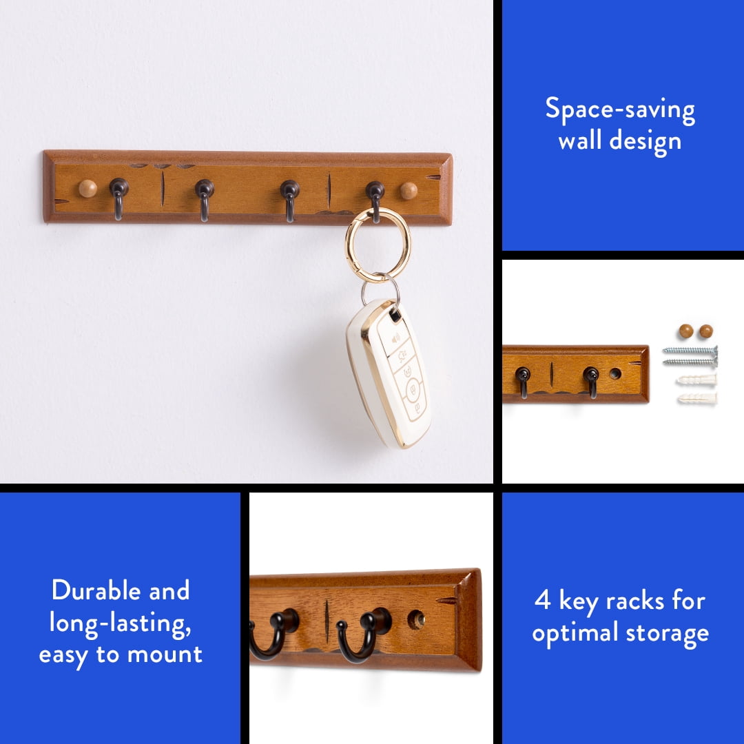 Mainstays Walnut Finish 8.75 inch Key Rail with 4 Satin Nickel Hooks for Keys, Mail, Leashes, 2 lbs Capacity, 1 Pack