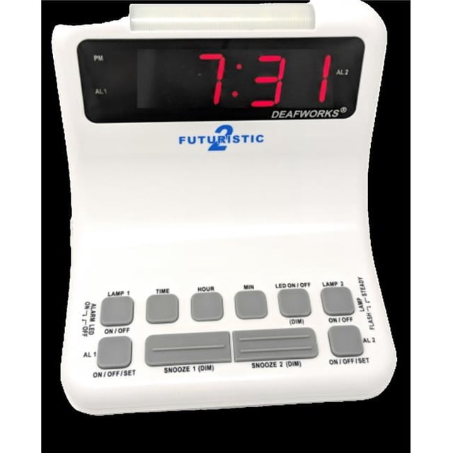 Harris Deafworks Futuristic 2 Dual Alarm Clock with Flashing or Steady Light mode & Dual USB Charging Ports, White