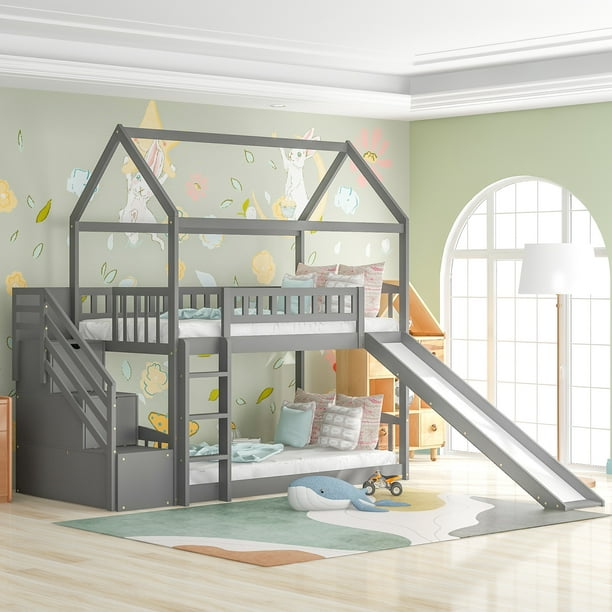 Twin Over House Bunk Bed With 3, Princess Bunk Bed With Slide And Stairs