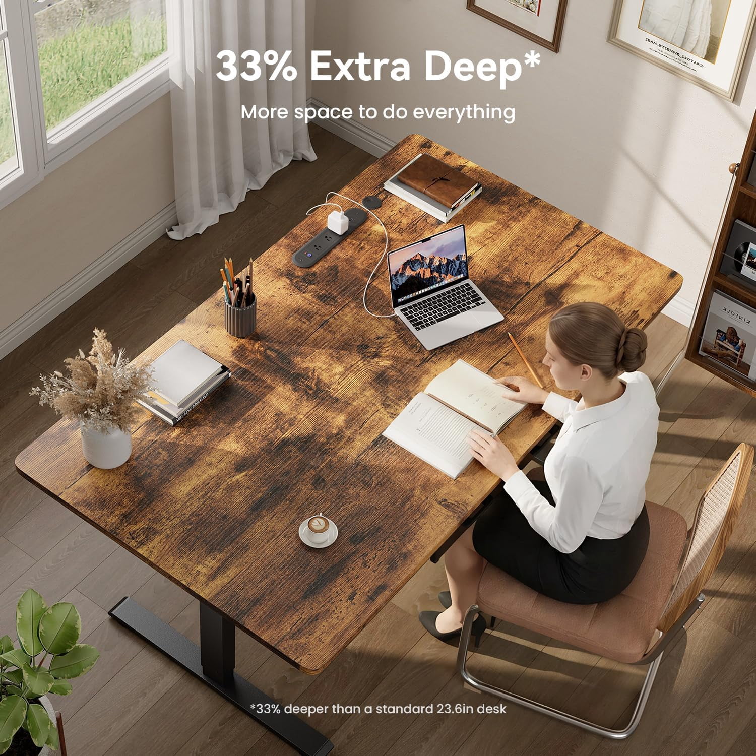 HLDIRECT Electric Standing Desk with 2 Drawers & Power Outlets & USB Ports, 63×31.5 inches Height Adjustable Desk with Storage, Sit Stand up Desk for Home Office, Rustic Brown