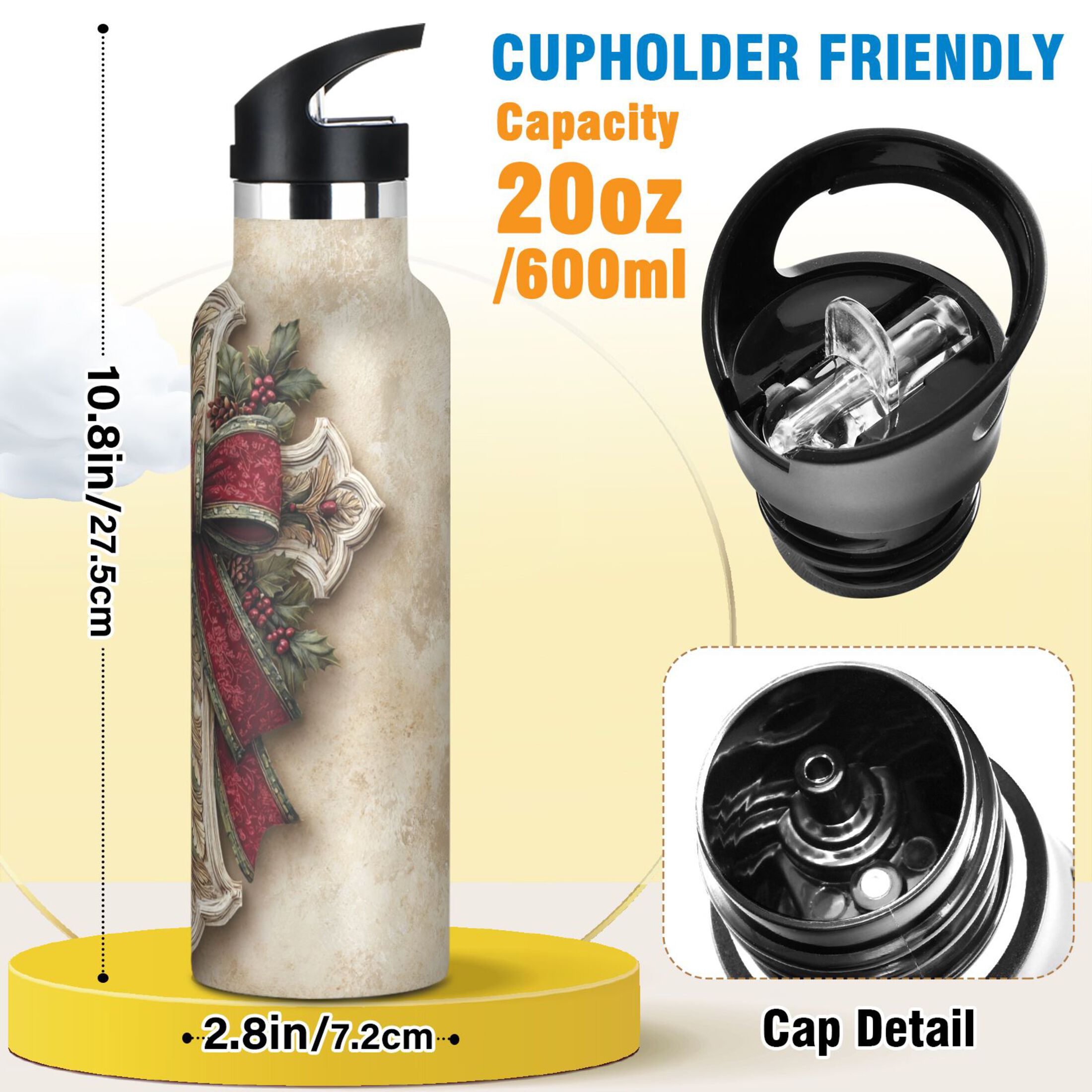 600ML Stainless Steel Insulated Cup Sports Water Bottle Portable Thermos Cup Water Glasses Insulated Tumblers Convenient and Durable Beautiful Christmas Cross