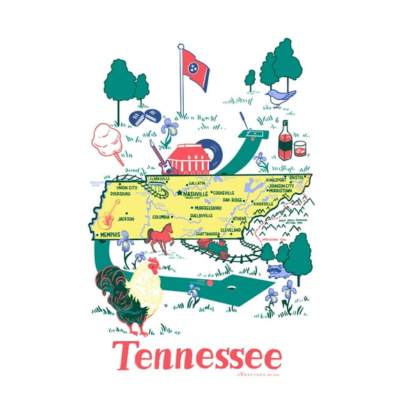 Vestiges Tennessee State Icons Souvenir Tea Towel 21.5" x 32" Eco-Friendly