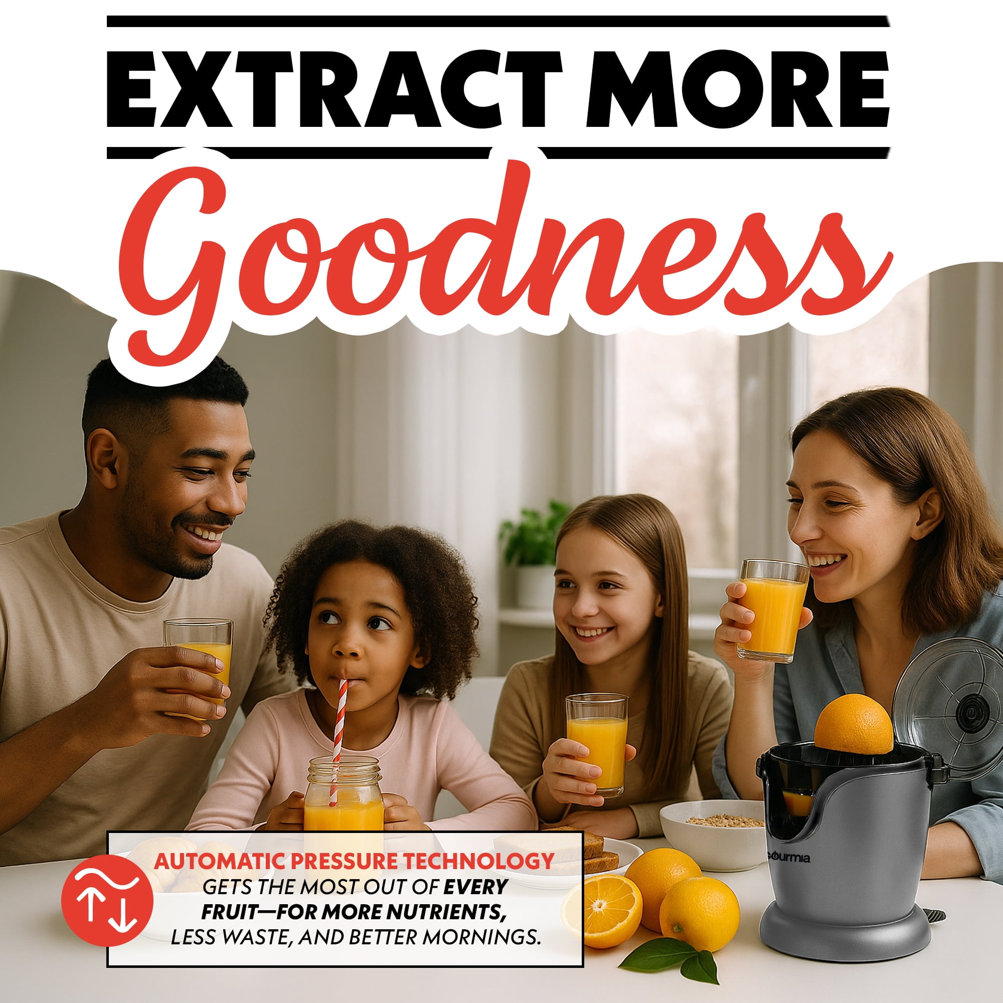 Gourmia Automatic Electric Citrus Juicer, Hands-Free, One-Touch, Universal Cone