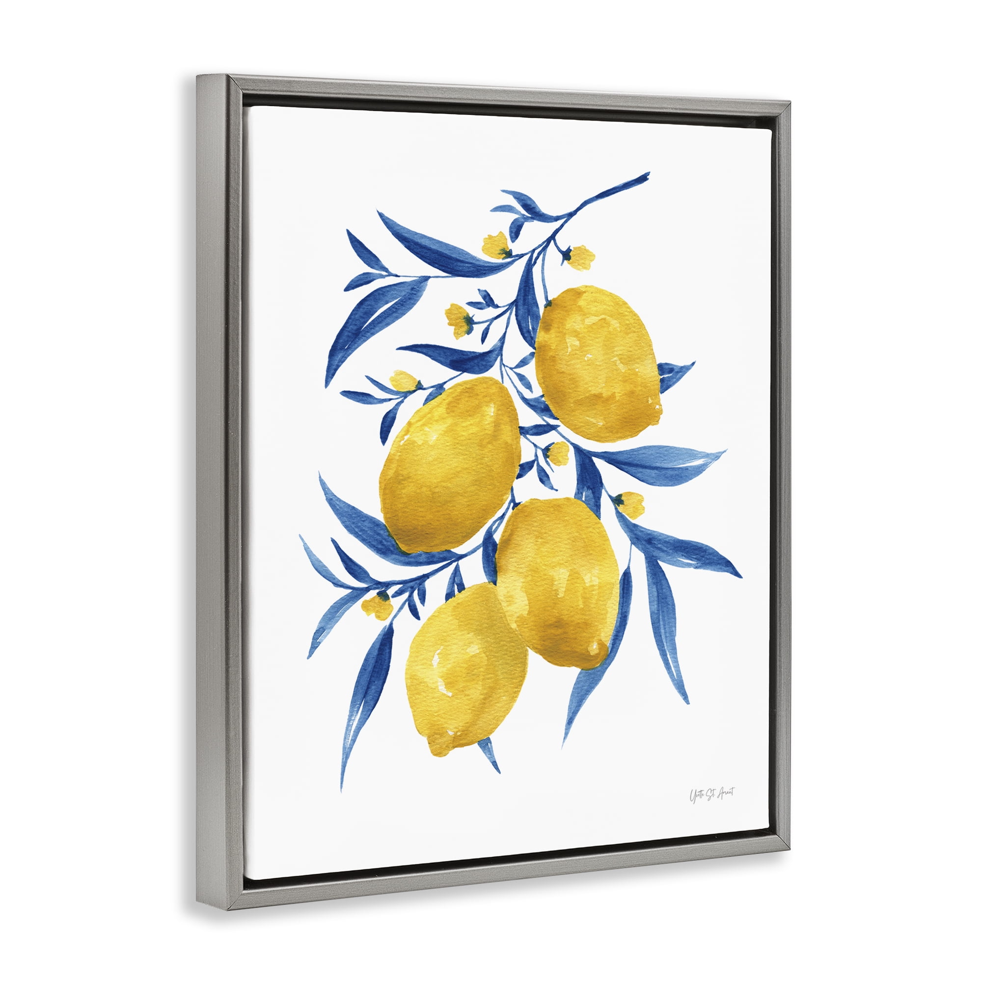 Stupell Industries Blue Leaf Lemons Food & Beverage Painting Gray Floater Framed Canvas Art Print Wall Art, 17 x 21
