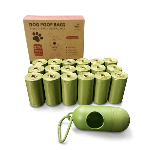 Dog Poop Bags with 1 Dispenser 270 Count (18 Rolls, 15 Bags per Roll), Leakproof, Unscented, Includes Leash Clip, Extra Thick, 8.5"W x 11.5"L