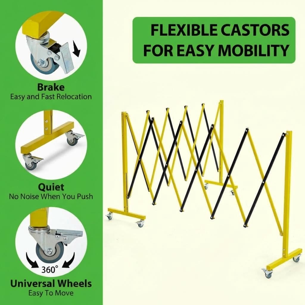 Expandable Metal Safety Barricade Gate – 20 FT, Portable Retractable with Wheels, Yellow & Black for Construction, Parking, Crowd Control