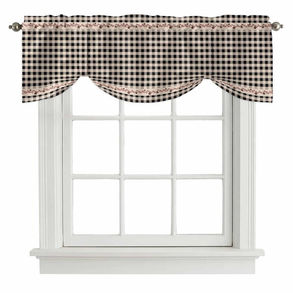 Country Star Plaid Tie Up Valance Curtains for Windows, Kitchen Curtains Window Treatments, Black Retro American Farm Barn Berry Short Window Shades Valances for Bedroom Bathroom Cafe 54"x18"