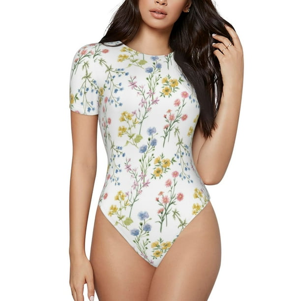 Balery Floral Body de cuello redondo de manga corta para mujer Tops de manga corta Tops básicos-Medium