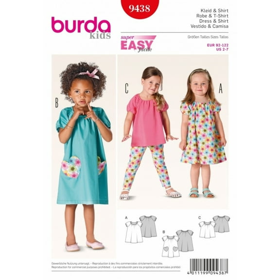 Burda Childrens Easy Sewing Pattern 9438 Dresses & Tops