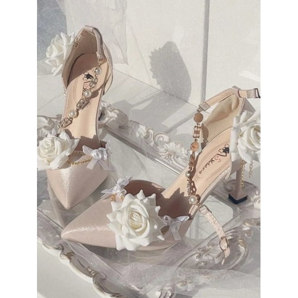 Sweet Elegant Fariy High Heels Single Shoes Women Buckle Lolita Kawaii Pearl Stiletto Shoes Female Flower Cute Design Shoes
