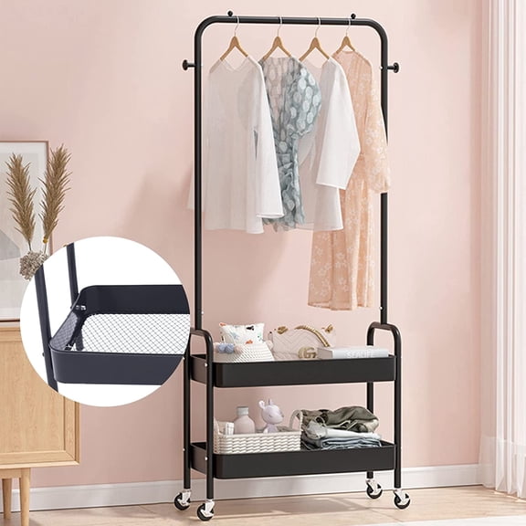 Miumaeov 2-In 1 Garment Rack Floor Hanger 2 Tier Clothing Display Rod Free Standing Closet Storage Organizer With 2 Tier Metal Basket, Rolling Storage Cart Coat Rack Storage Stand On Wheels (Black)