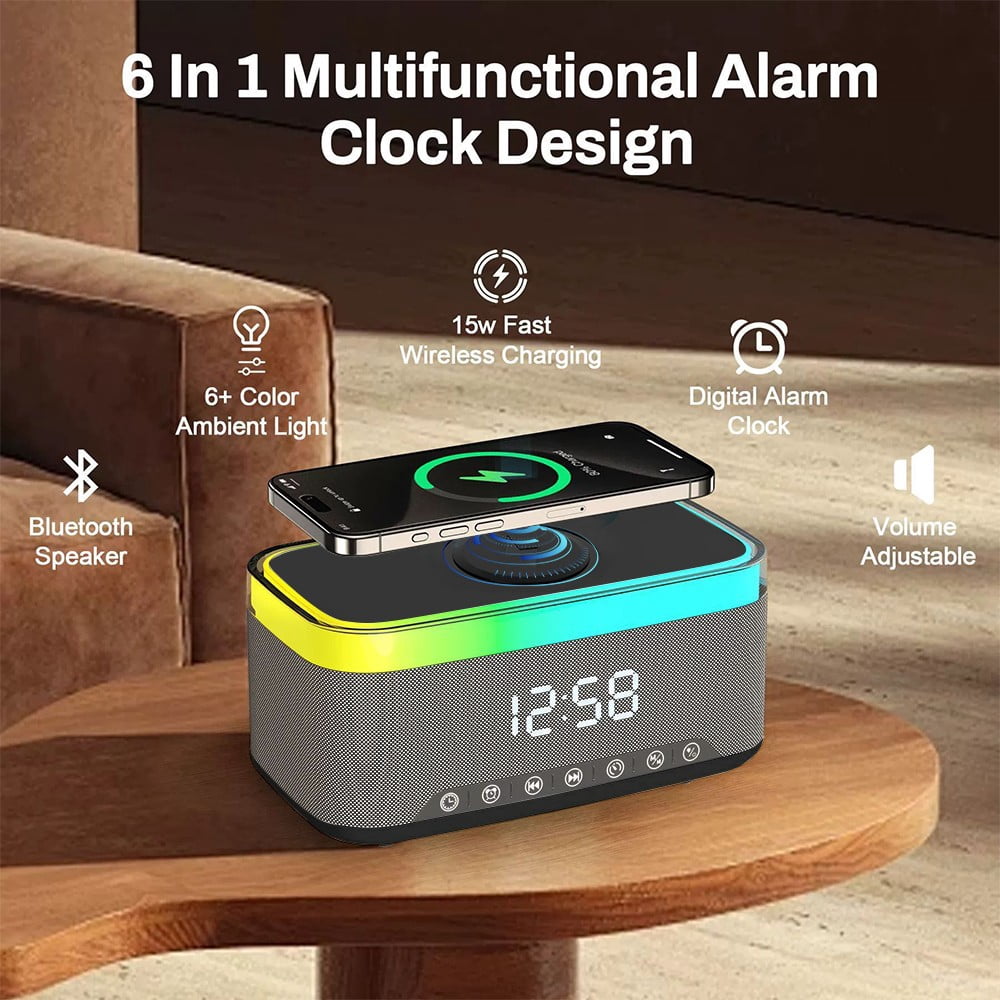 Wireless Charger,15W Fast Desk Wireless Charger Station for iPhone 17-12 Pro Max Plus Phone Wireless Charger with Bluetooth Stereo Speaker,Digital Clock Alarm,Colors Night Light