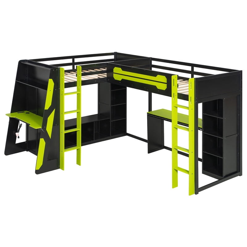 Twin Size L-Shaped Gaming Loft Bed with RGB LED Lights, Dual Twin Beds, USB Charging Ports & TV Stand, Wood Loft Bedframe Playhouse Bed with Storage Shelves & Reversible Layout