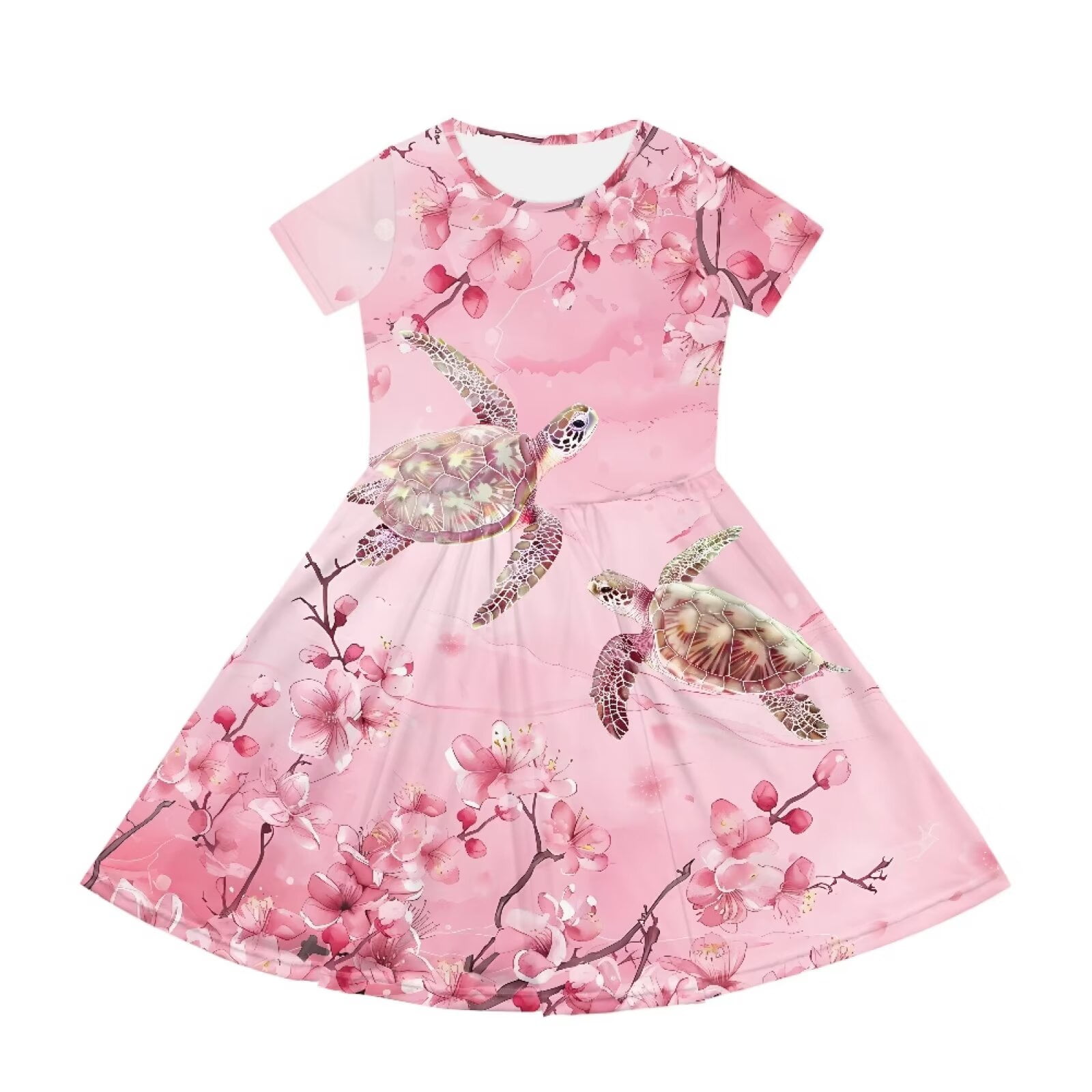 Uourmeti Turtle Short Sleeve Swing Dress 2-14Y Girls Summer Crew Neck Party Dresses Cherry Blossom Lightweight Soft Knee A-Line Dress with Pockets