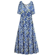 Small Petite Womens Dress Royal Blue Floral Dressed Up Short Sleeve Low V-Neck Princess Cut
